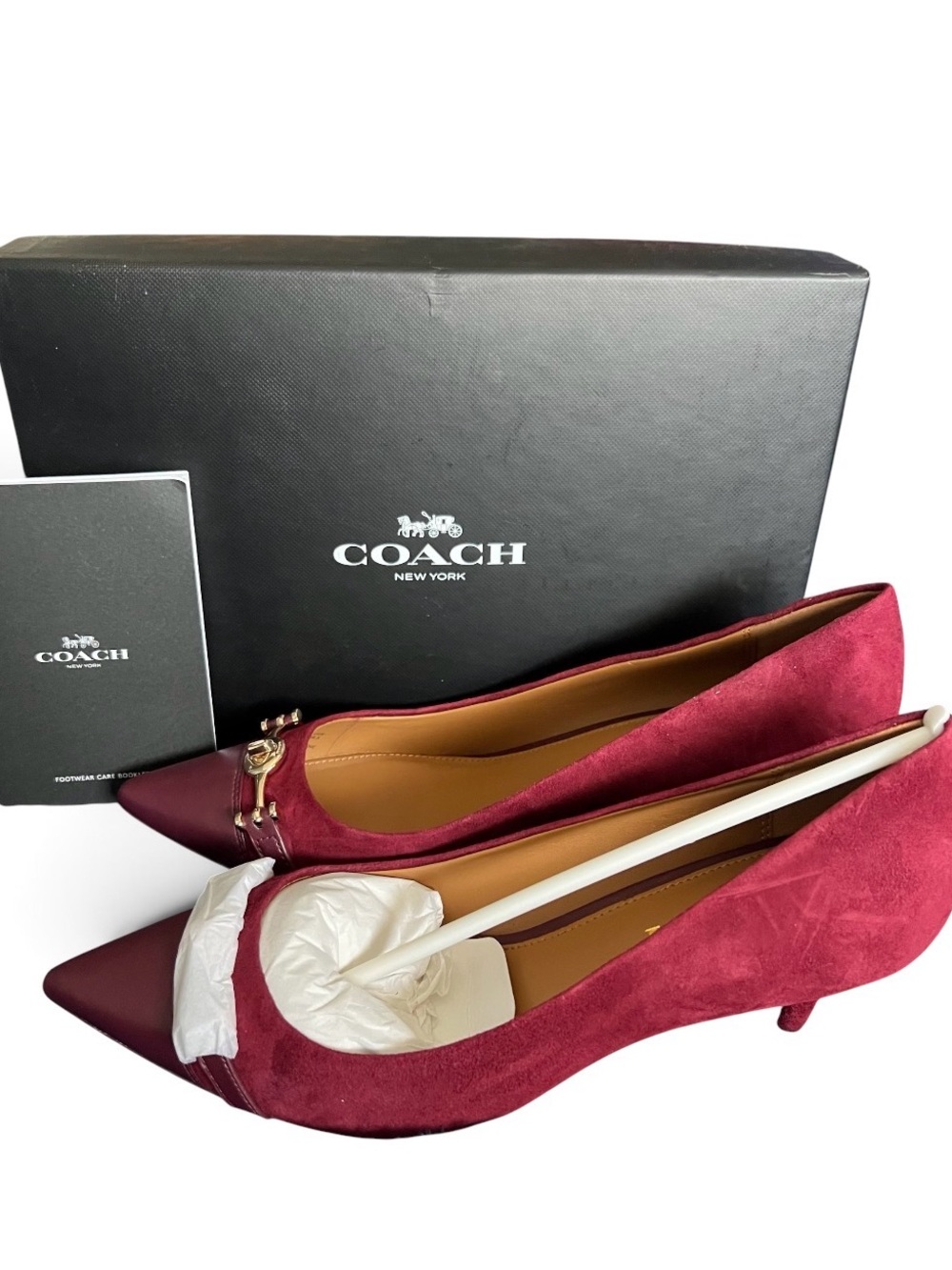 Coach Women's Burgundy Suede Pointed-Toe Kitten Heels with Gold Accent *NWT*